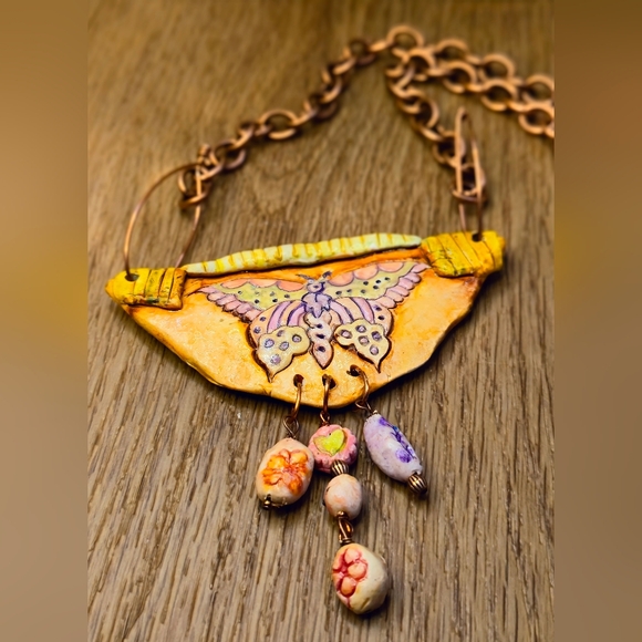 Rustic Charm Jewelry - Primitive Cave Rustic Earth Colored Butterfly Pendant & Beads In Clay Necklace